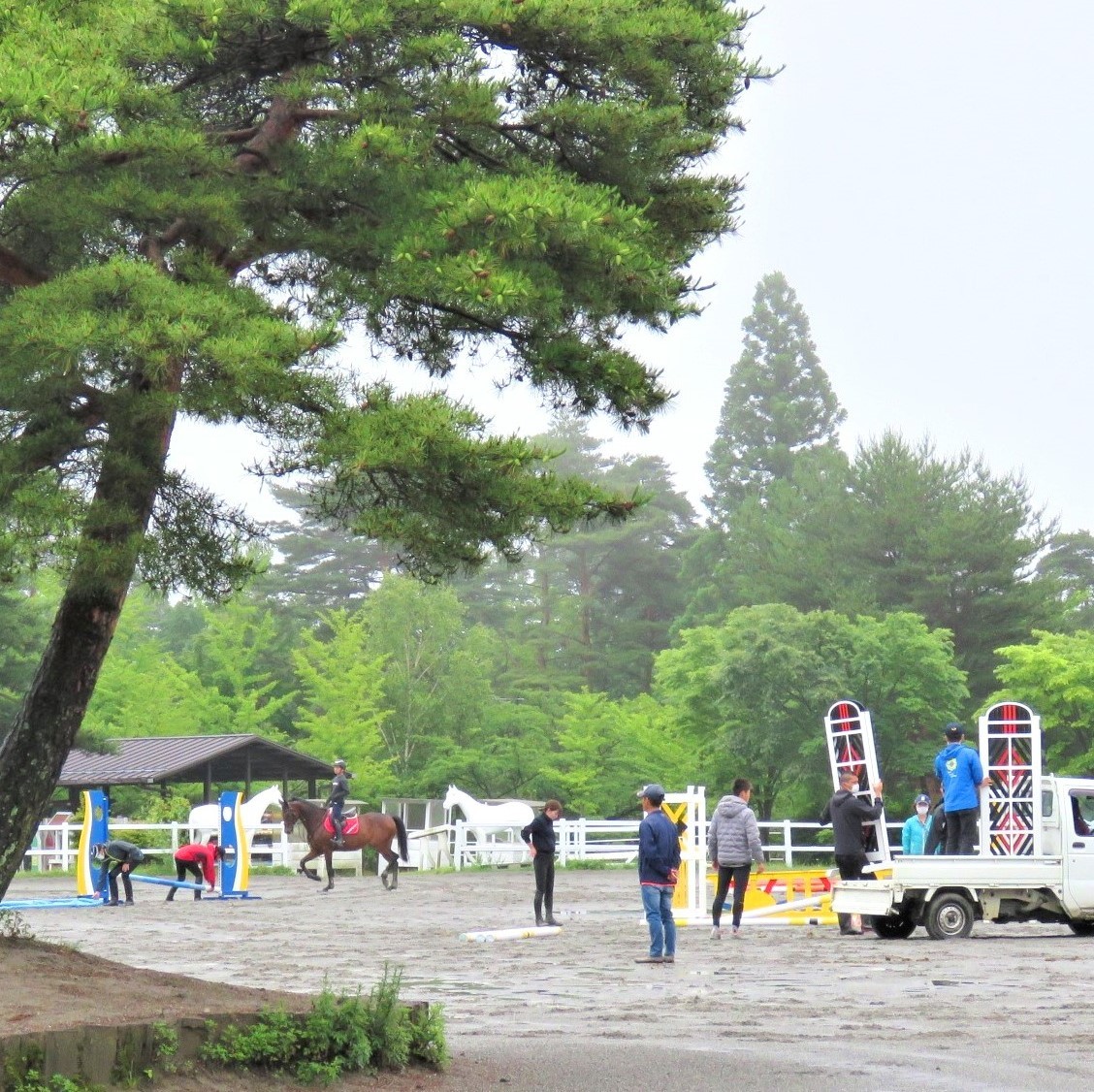 馬場に練習用の障害コースを設置するため配置を検討する20名くらいのスタッフたち