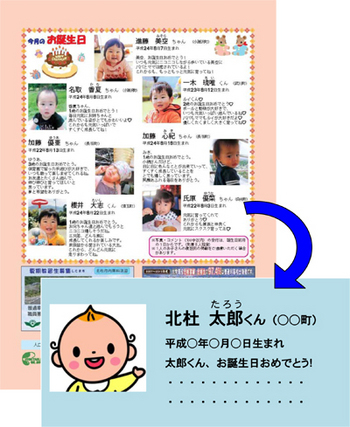 広報に掲載された誕生月のお子様の写真と紹介の例