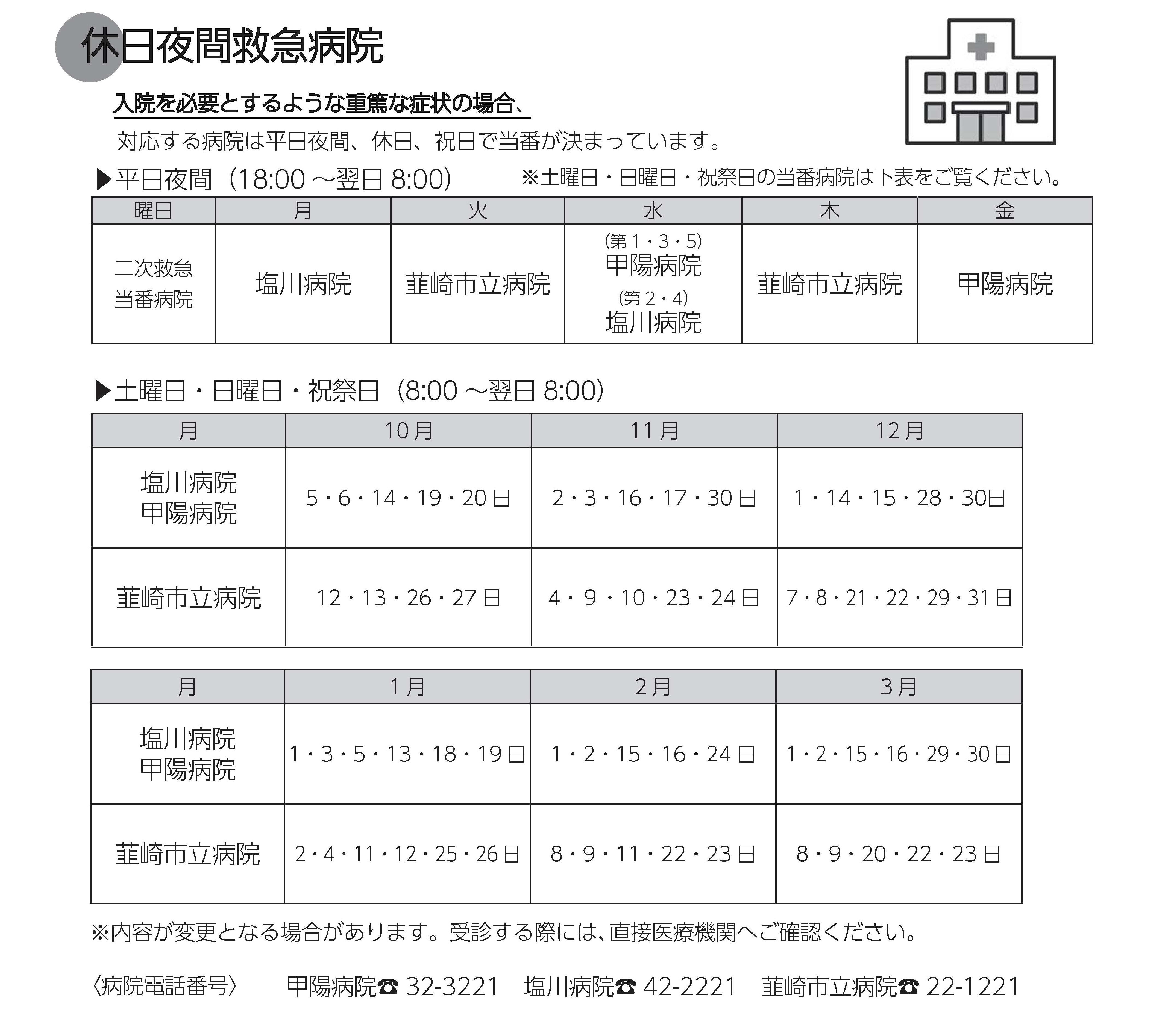 休日夜間救急病院一覧