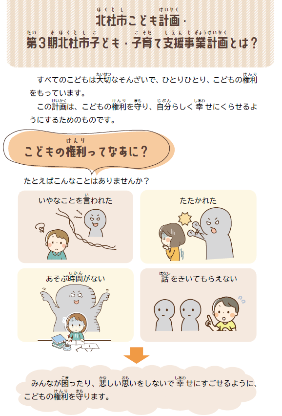 北杜市こども計画について紹介しています。すべてのこどもは、大切な存在で、ひとりひとり、子どもの権利を持っています。この計画は、こどもの権利を守り、自分らしく幸せに暮らせるようにするためのものです。